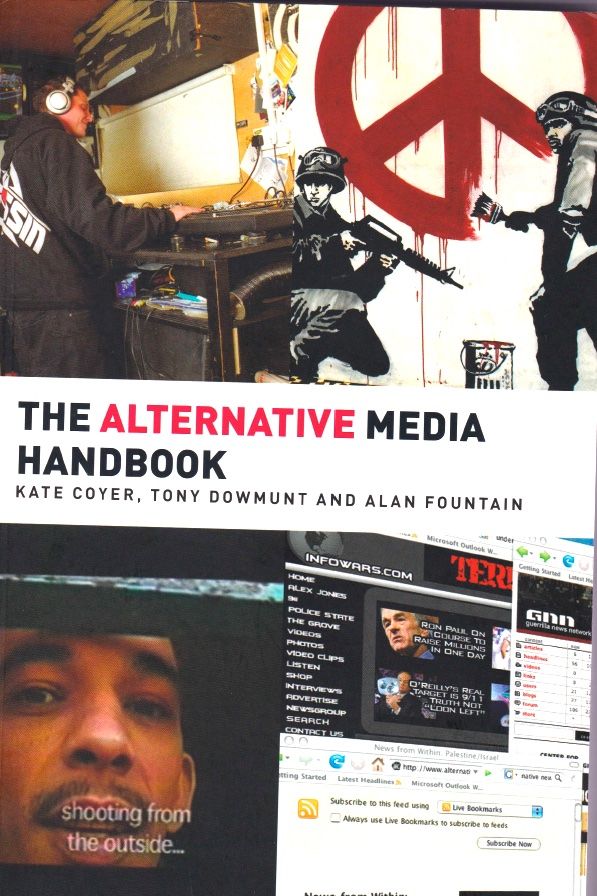 Book cover. Black and red central title with colour images around. Dj, graffiti, portrait photo and web-page screenshot.