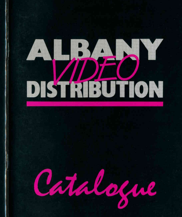 Black front cover of catalogue, with white and pink graphic text.