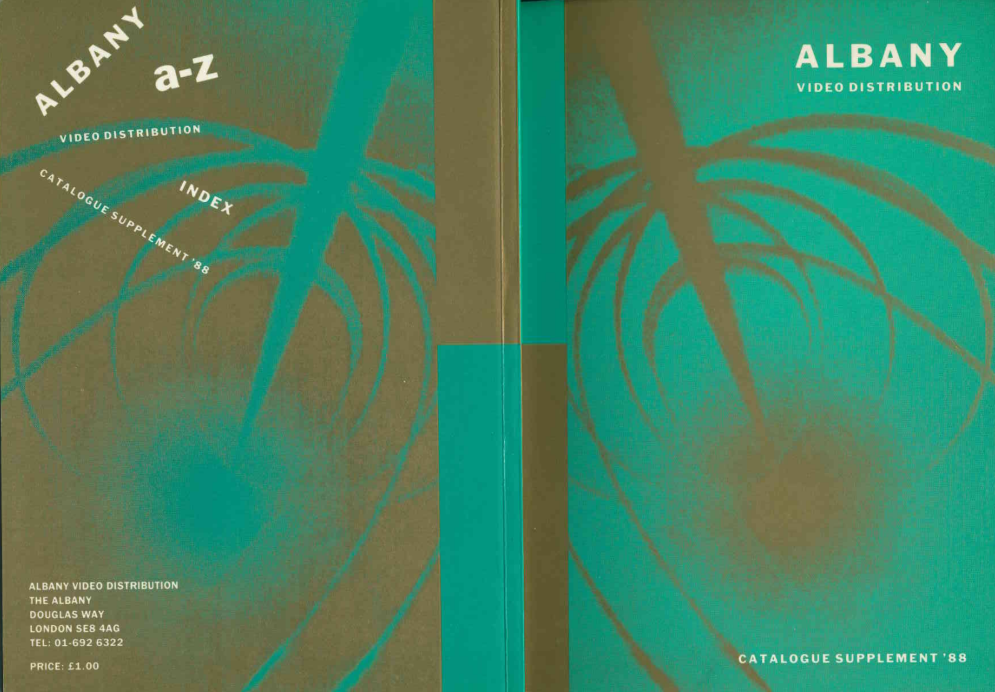 Colour catalogue cover with blue and brown pattern and white text.