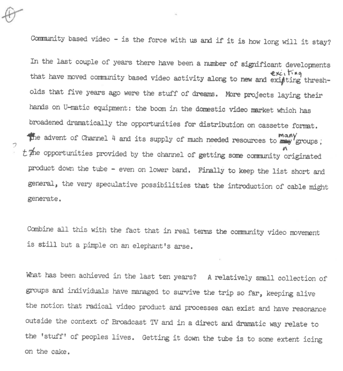 A typed page with alterations and marks made in pen and a number one in the top corner.
