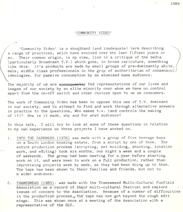 Page of typed text, with title 'Community video' and some marks in pen.